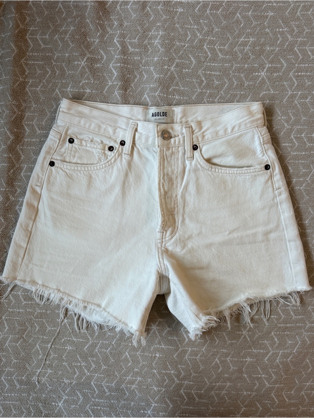 AGOLDE White High-Rise Frayed Hem Denim Shorts